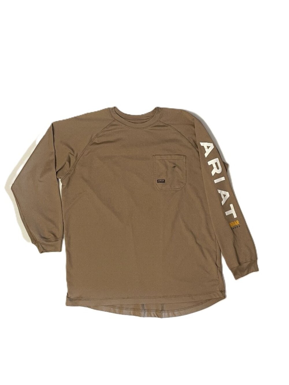 ARIAT Rebar Shirt Men L Heat Fighter T-Shirt Long Sleeve Spell Out Brown Khaki